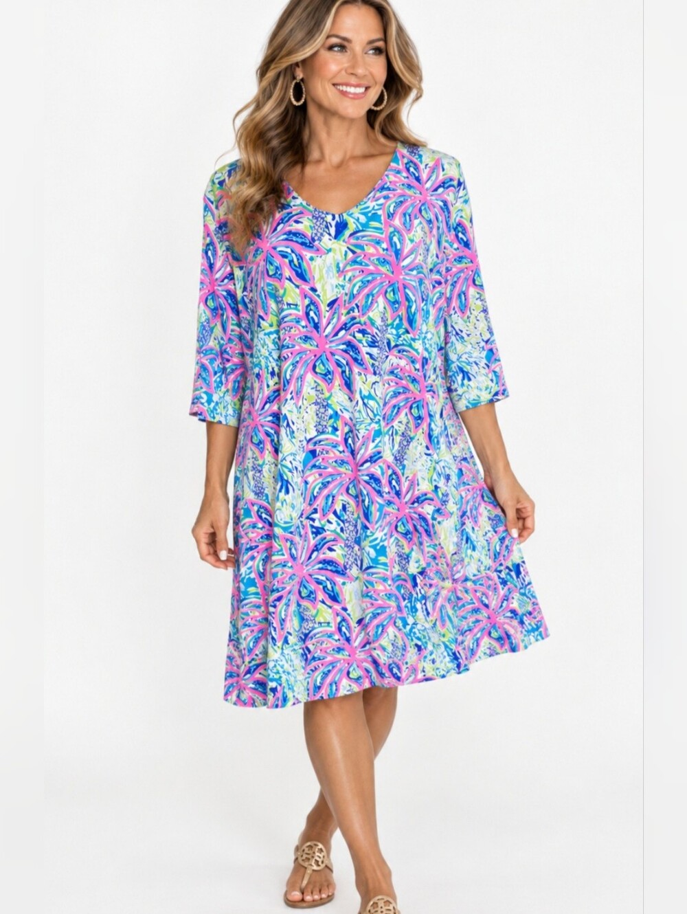 Lulu-B 1X SPF 50 Tropical Palm Print Dress Pink Blue 3/4 Sleeve Resort Plus